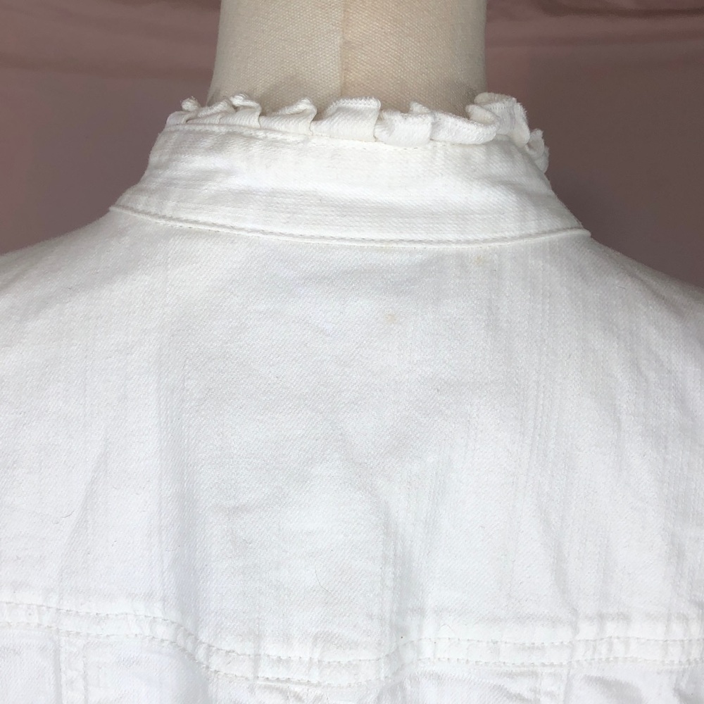 Cotton Women's Ruffle-Trim White Jean Jacket Size Large Spring Summer - Picture 8 of 14